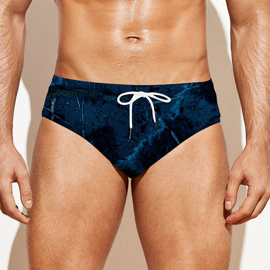 Dark Blue Marble Print Men's Swim Briefs