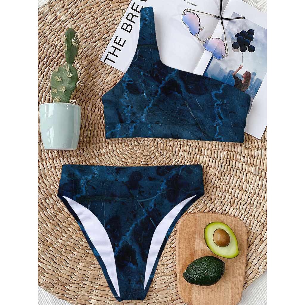 Dark Blue Marble Print One Shoulder Bikini Top
