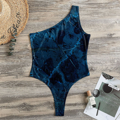 Dark Blue Marble Print One Shoulder Bodysuit