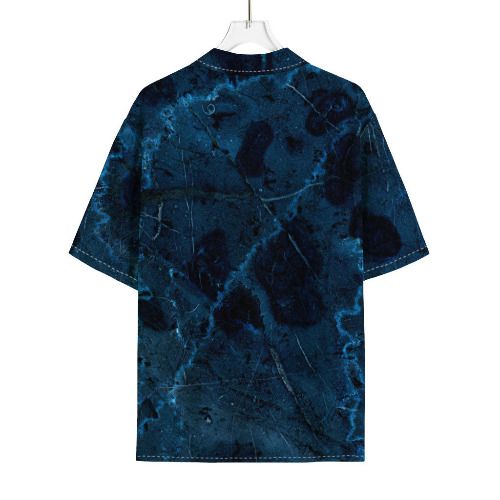 Dark Blue Marble Print Rayon Hawaiian Shirt