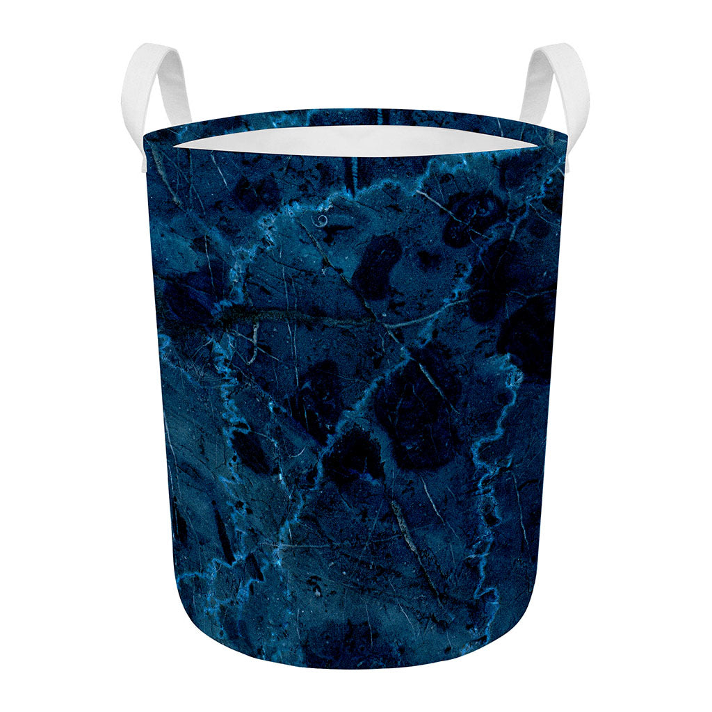 Dark Blue Marble Print Round Laundry Basket