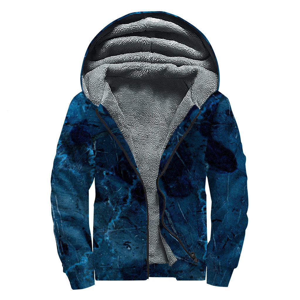 Dark Blue Marble Print Sherpa Lined Zip Up Hoodie