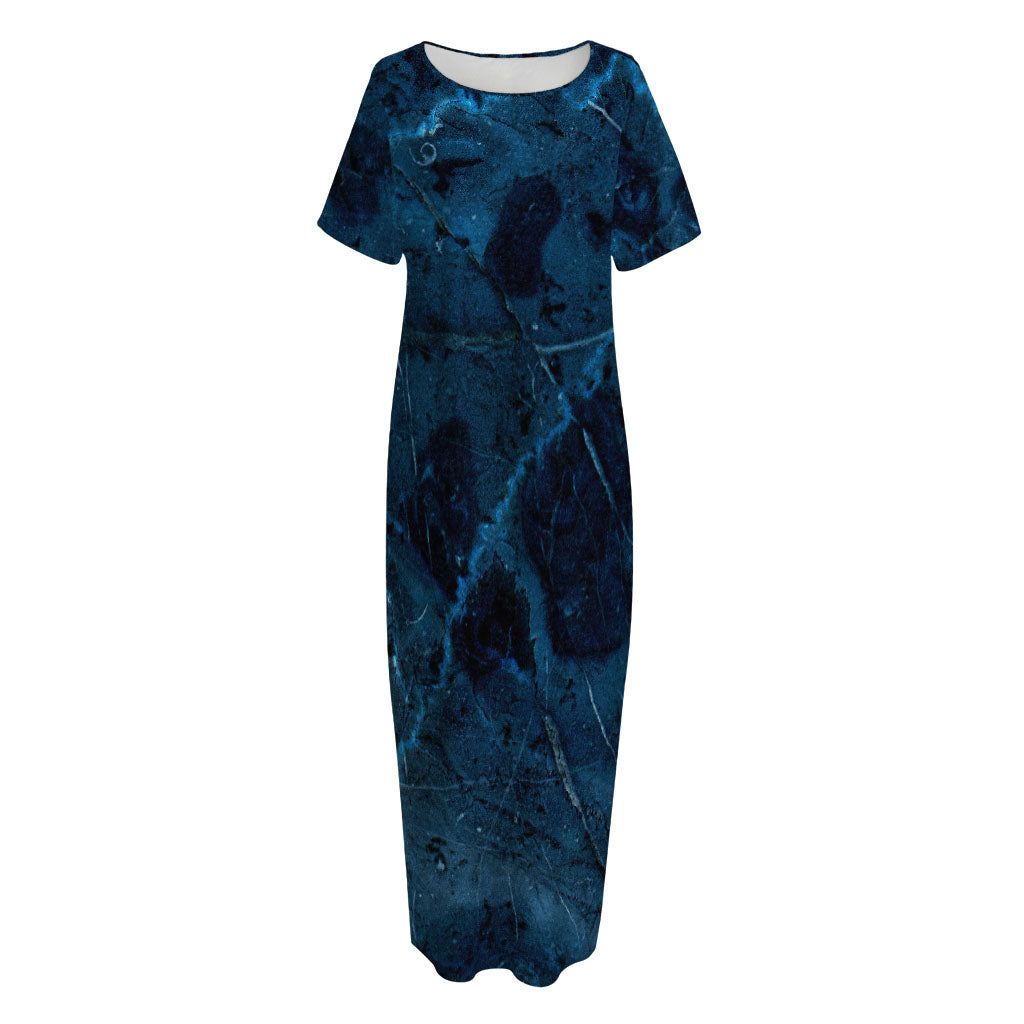 Dark Blue Marble Print Short Sleeve Long Nightdress