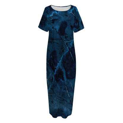 Dark Blue Marble Print Short Sleeve Long Nightdress