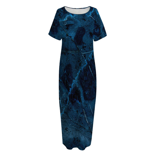 Dark Blue Marble Print Short Sleeve Long Nightdress