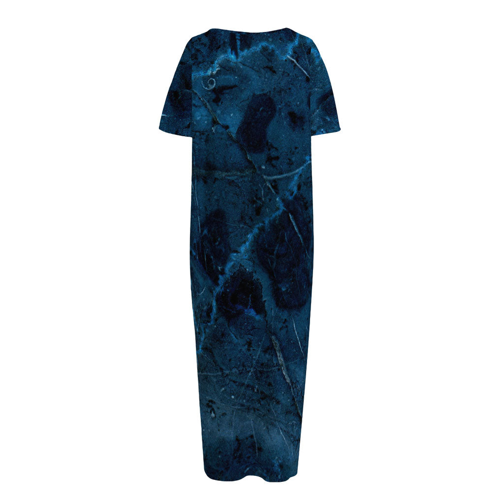 Dark Blue Marble Print Short Sleeve Long Nightdress
