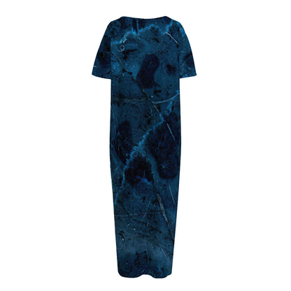 Dark Blue Marble Print Short Sleeve Long Nightdress