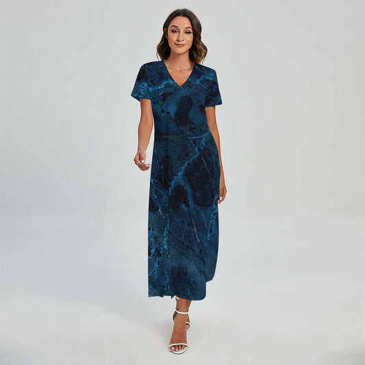 Dark Blue Marble Print Short Sleeve Maxi Dress