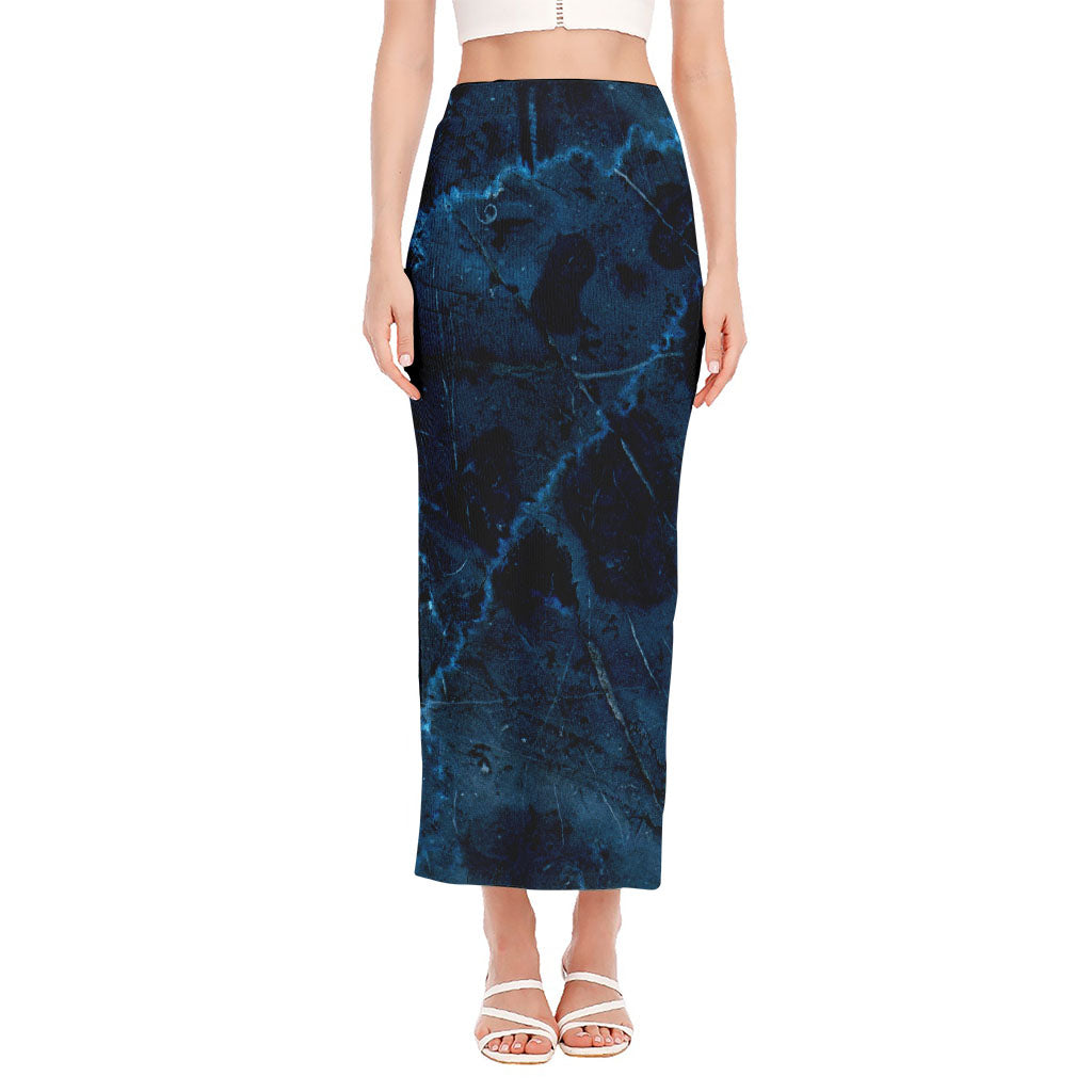 Dark Blue Marble Print Side Slit Maxi Skirt