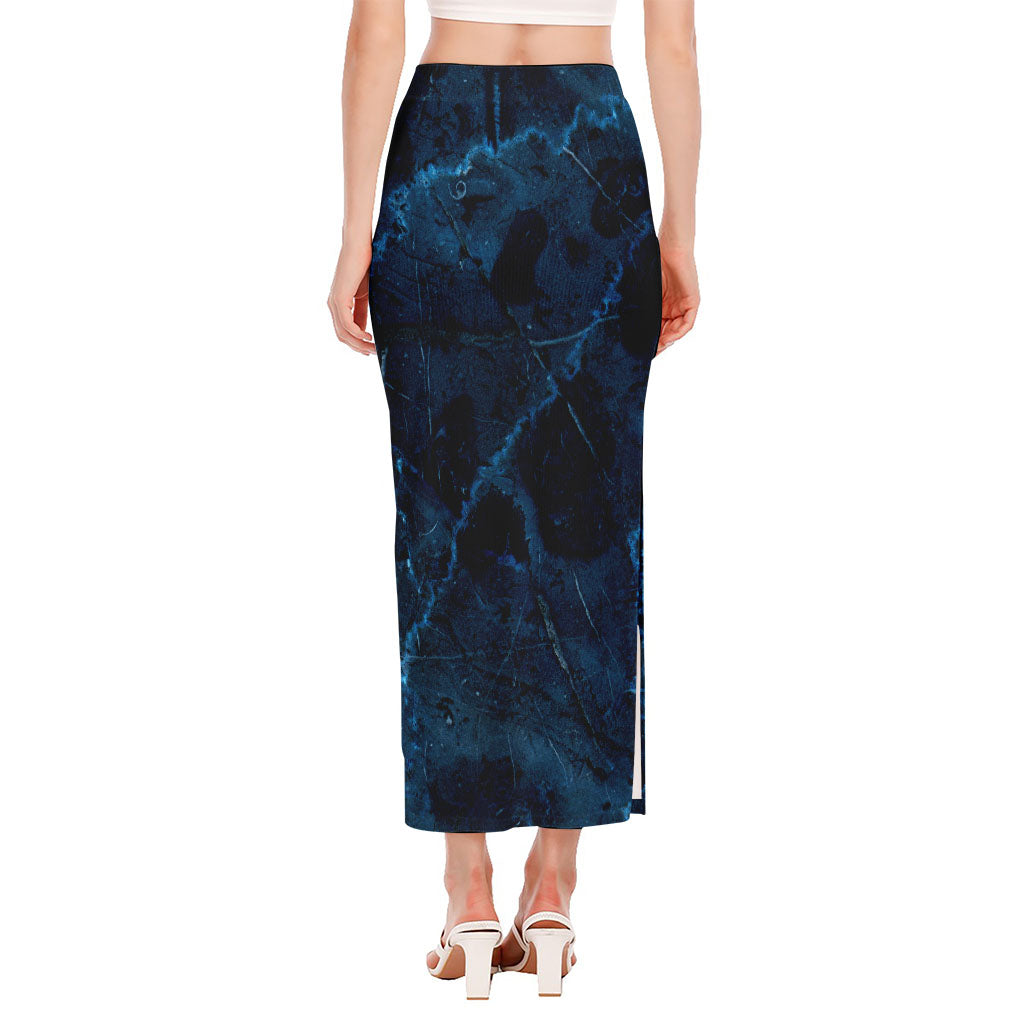 Dark Blue Marble Print Side Slit Maxi Skirt