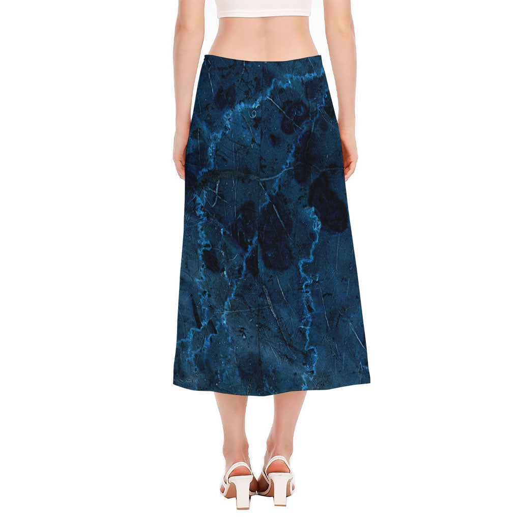 Dark Blue Marble Print Side Slit Midi Skirt