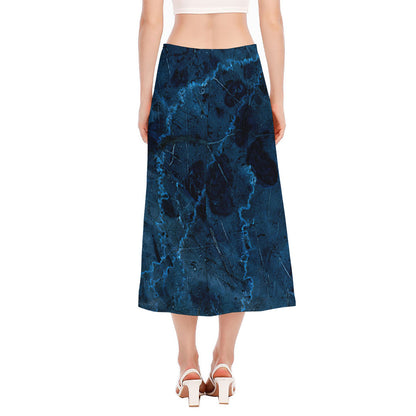 Dark Blue Marble Print Side Slit Midi Skirt