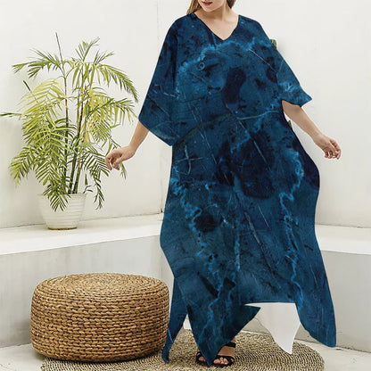 Dark Blue Marble Print Silk V-Neck Kaftan Dress