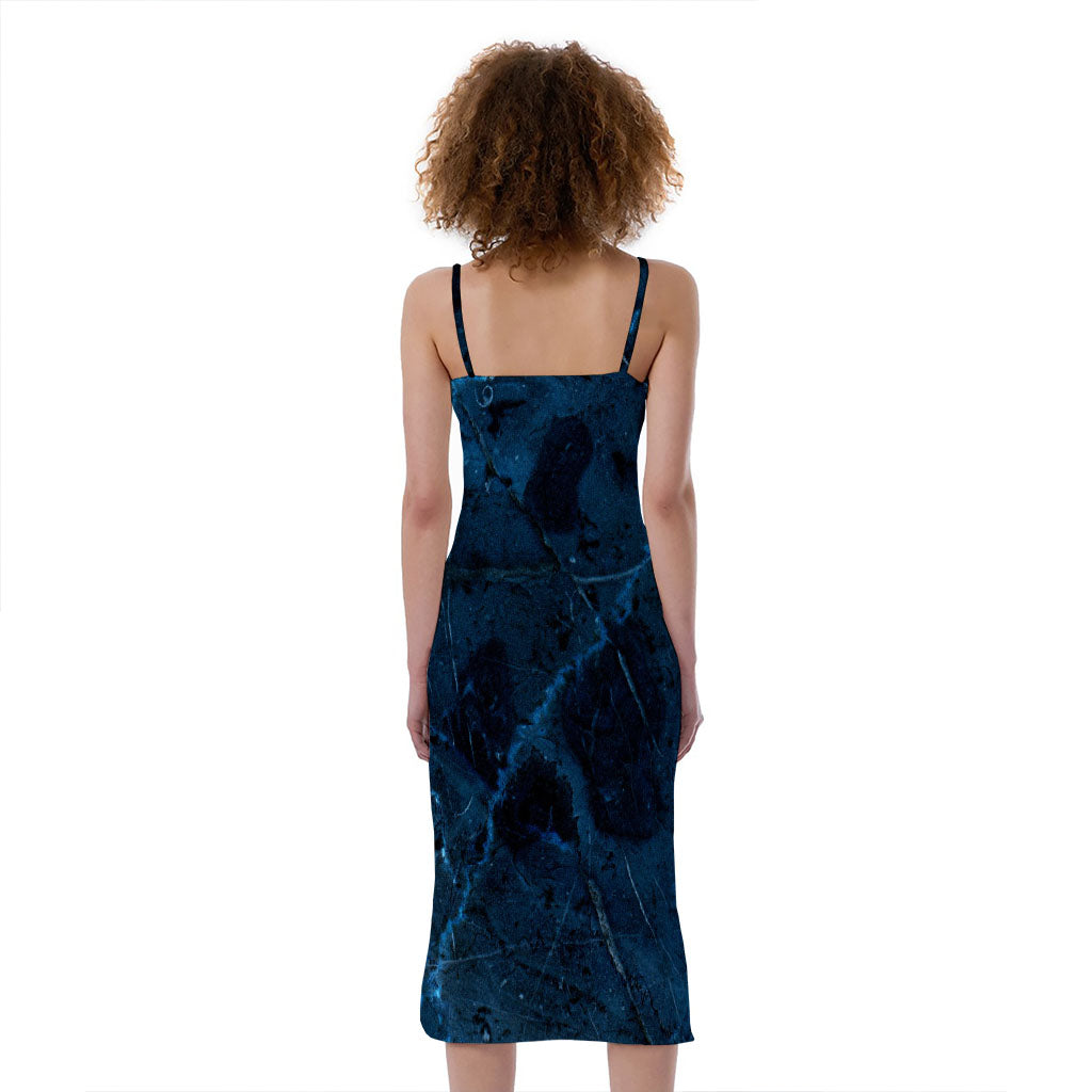 Dark Blue Marble Print Slim Fit Midi Cami Dress