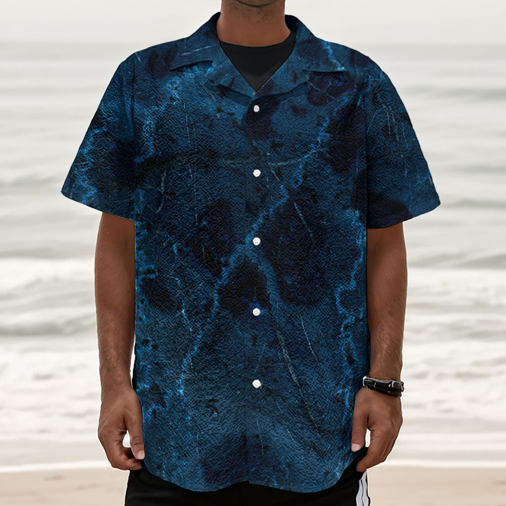 Dark Blue Marble Print Textured Short Sleeve Shirt