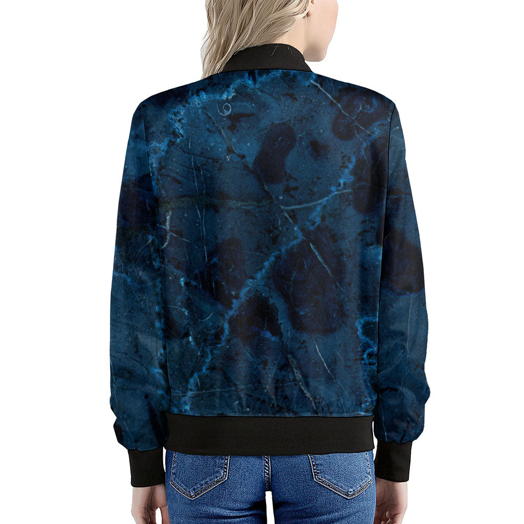 Dark Blue Marble Print Women's Bomber Jacket