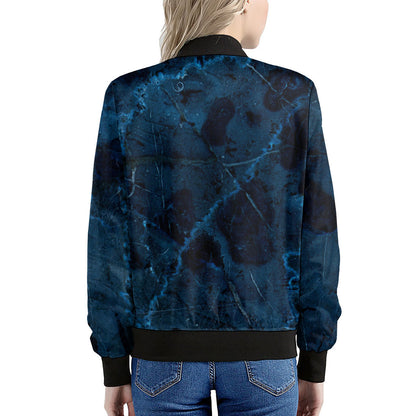 Dark Blue Marble Print Women's Bomber Jacket