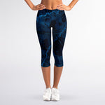 Dark Blue Marble Print Women's Capri Leggings
