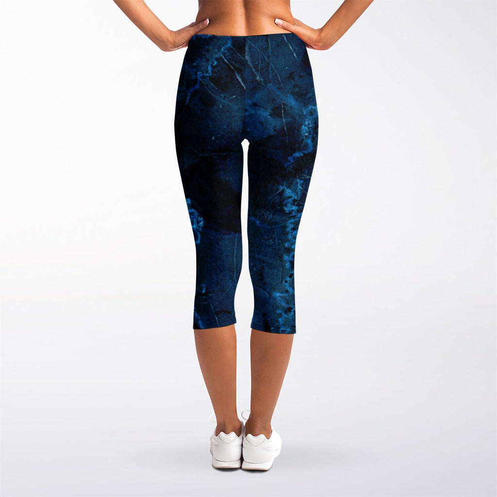 Dark Blue Marble Print Women's Capri Leggings