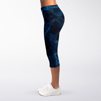 Dark Blue Marble Print Women's Capri Leggings