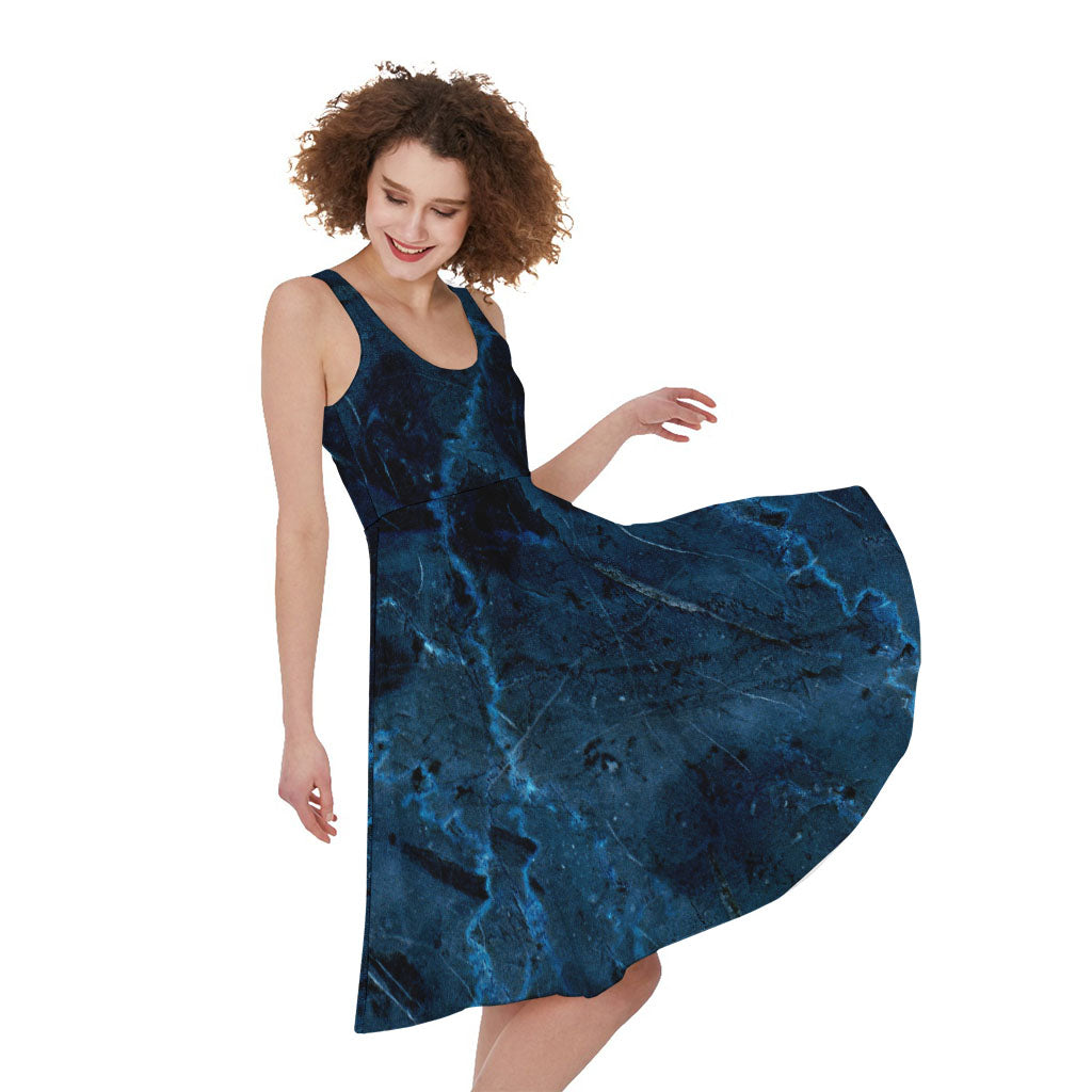 Dark Blue Marble Print Women's Sleeveless Dress