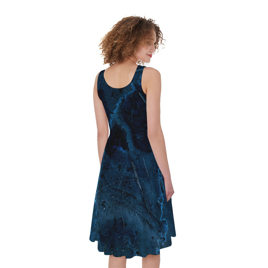 Dark Blue Marble Print Women's Sleeveless Dress