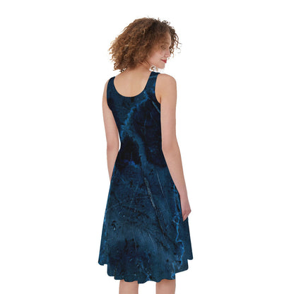 Dark Blue Marble Print Women's Sleeveless Dress