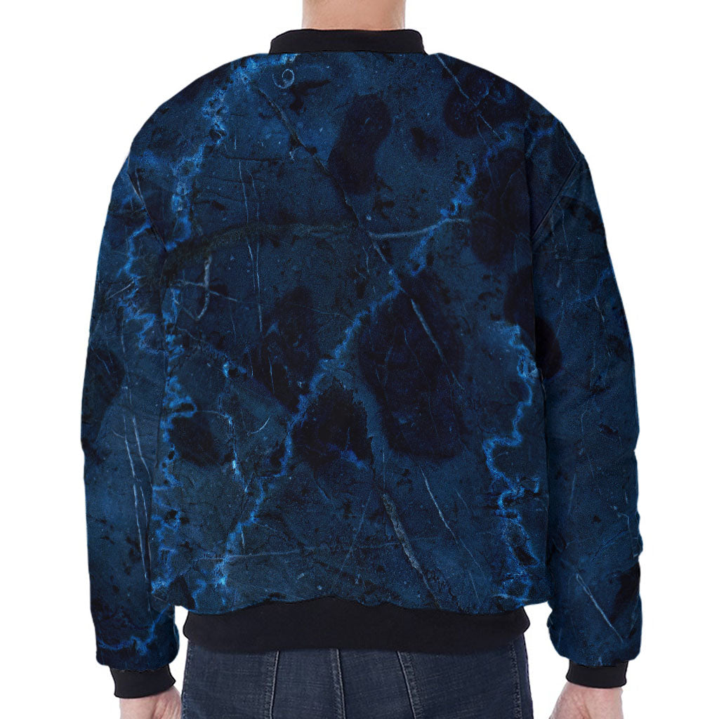 Dark Blue Marble Print Zip Sleeve Bomber Jacket