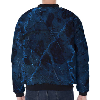 Dark Blue Marble Print Zip Sleeve Bomber Jacket