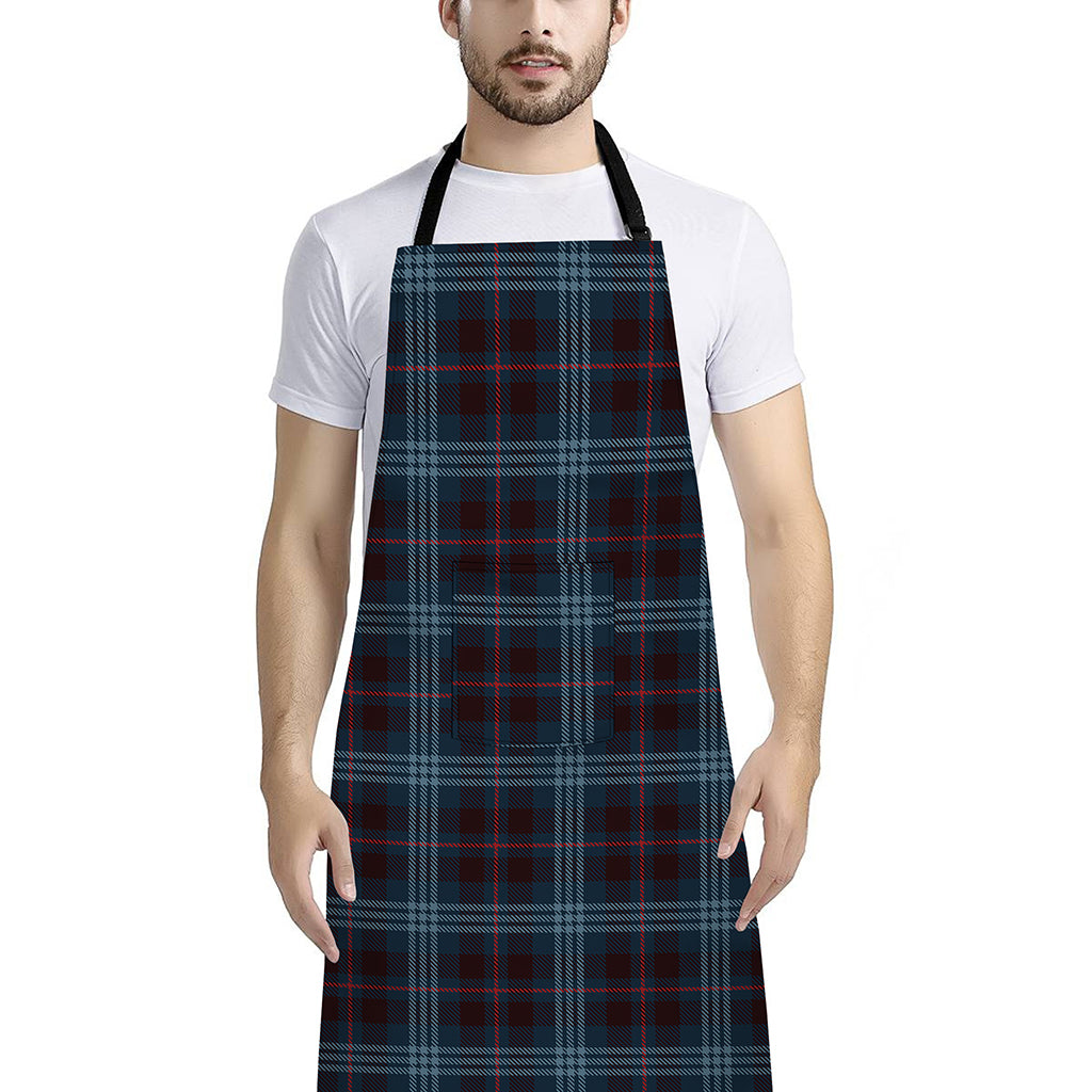 Dark Blue Tartan Pattern Print Bib Apron With Pocket