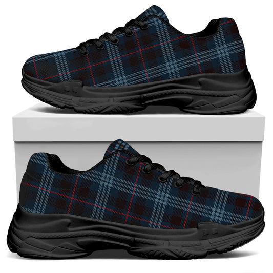 Dark Blue Tartan Pattern Print Black Chunky Shoes