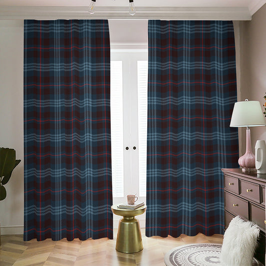 Dark Blue Tartan Pattern Print Blackout Pencil Pleat Curtains