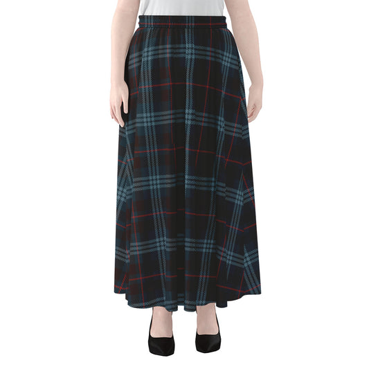 Dark Blue Tartan Pattern Print Chiffon Maxi Skirt