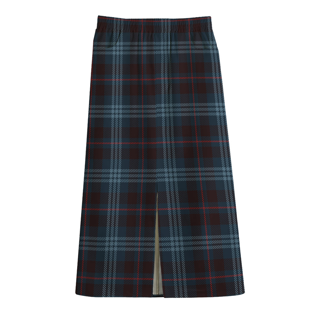 Dark Blue Tartan Pattern Print Cotton Front Slit Maxi Skirt