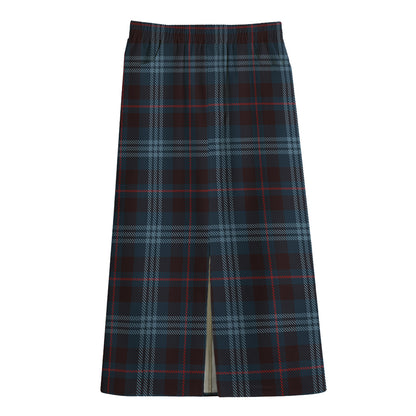 Dark Blue Tartan Pattern Print Cotton Front Slit Maxi Skirt
