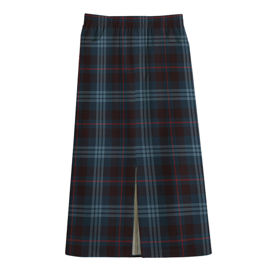 Dark Blue Tartan Pattern Print Cotton Front Slit Maxi Skirt