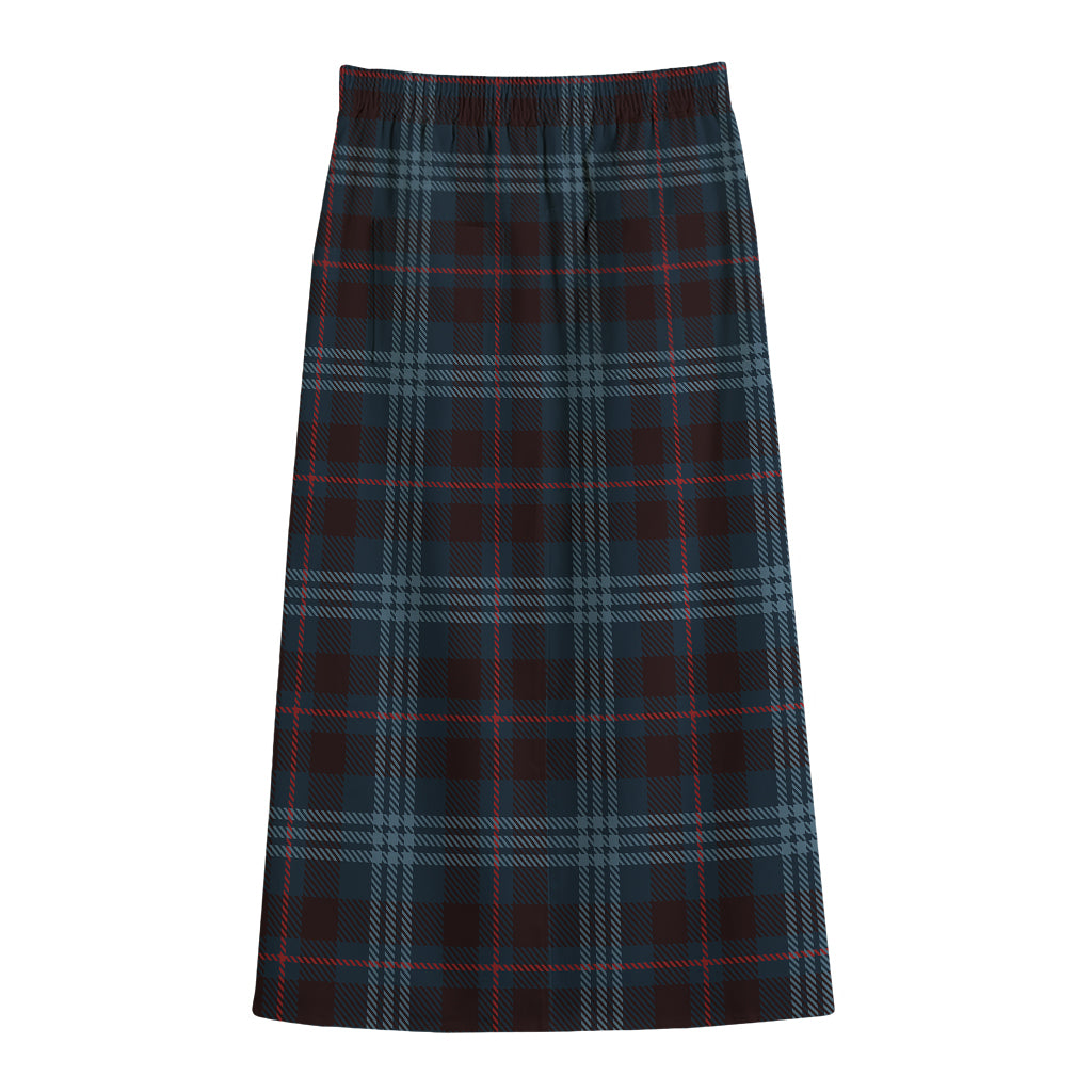 Dark Blue Tartan Pattern Print Cotton Front Slit Maxi Skirt