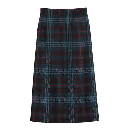 Dark Blue Tartan Pattern Print Cotton Front Slit Maxi Skirt
