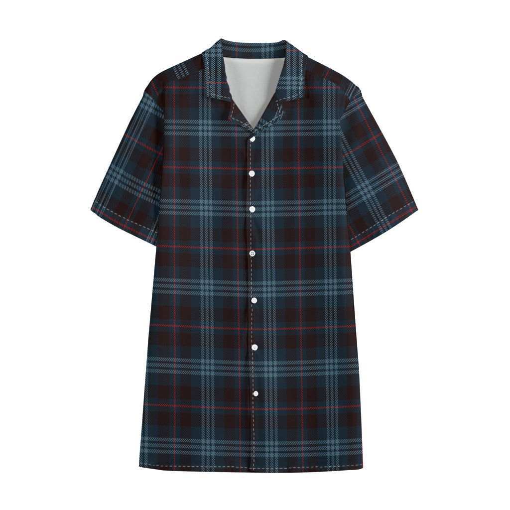 Dark Blue Tartan Pattern Print Cotton Hawaiian Shirt