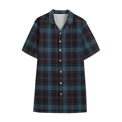Dark Blue Tartan Pattern Print Cotton Hawaiian Shirt