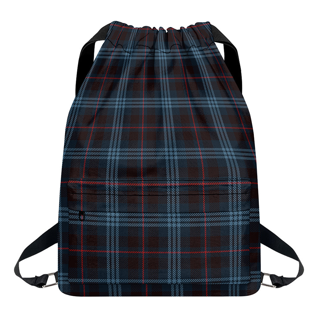 Dark Blue Tartan Pattern Print Drawstring Backpack