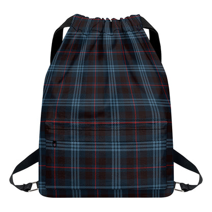 Dark Blue Tartan Pattern Print Drawstring Backpack