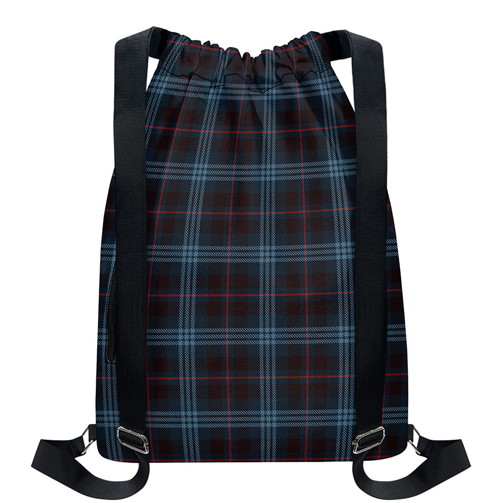 Dark Blue Tartan Pattern Print Drawstring Backpack
