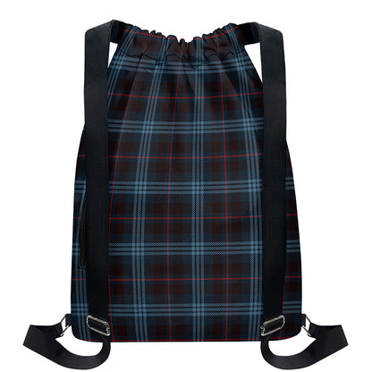 Dark Blue Tartan Pattern Print Drawstring Backpack