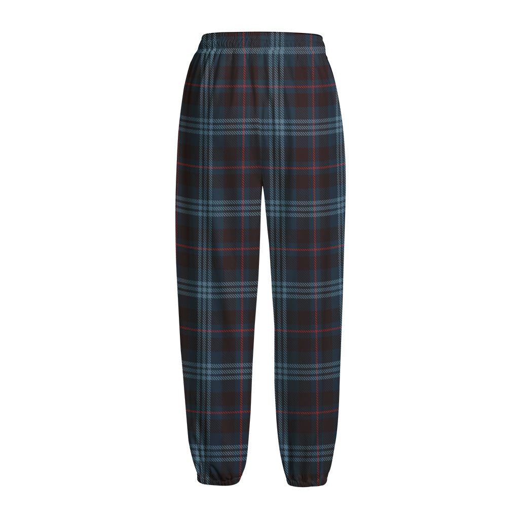 Dark Blue Tartan Pattern Print Fleece Lined Knit Pants