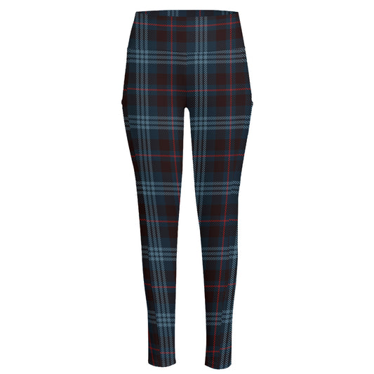 Dark Blue Tartan Pattern Print High-Waisted Pocket Leggings