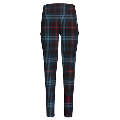 Dark Blue Tartan Pattern Print High-Waisted Pocket Leggings