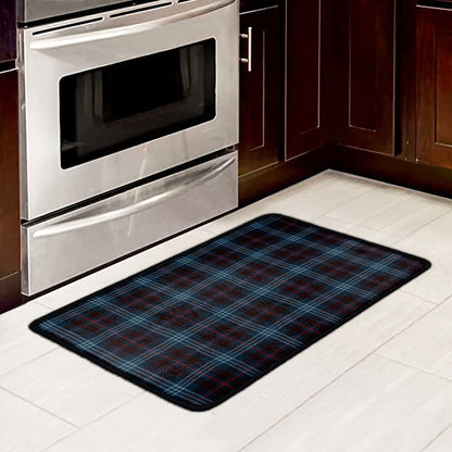 Dark Blue Tartan Pattern Print Kitchen Mat
