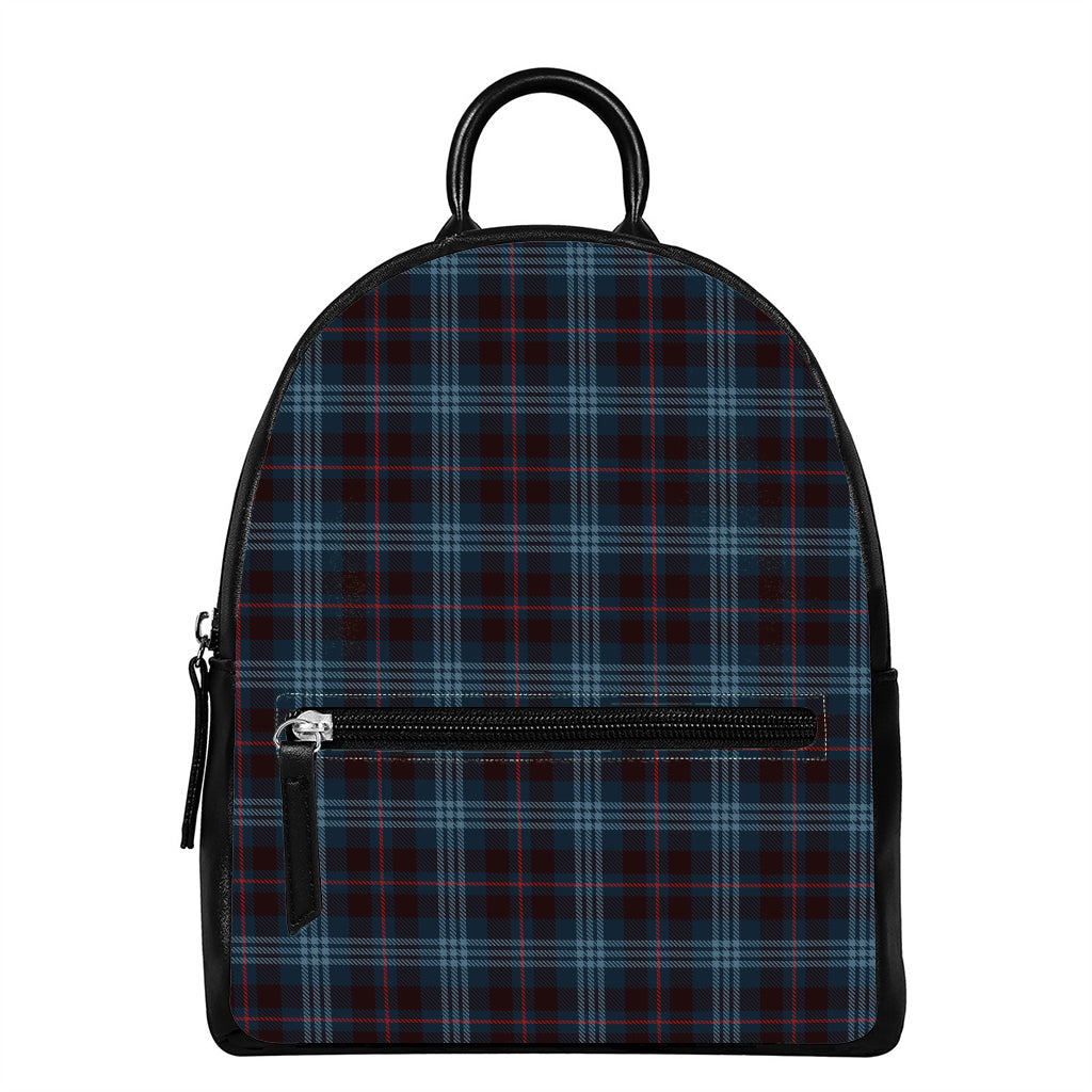 Dark Blue Tartan Pattern Print Leather Backpack