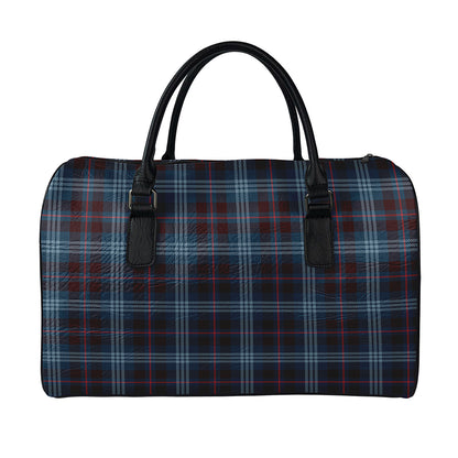 Dark Blue Tartan Pattern Print Leather Duffle Bag